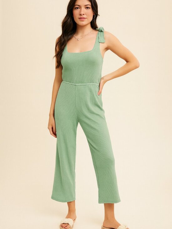 HEM & THREAD Tie Shoulder Knit Jumpsuit | Sage Green - Picture 3 of 4